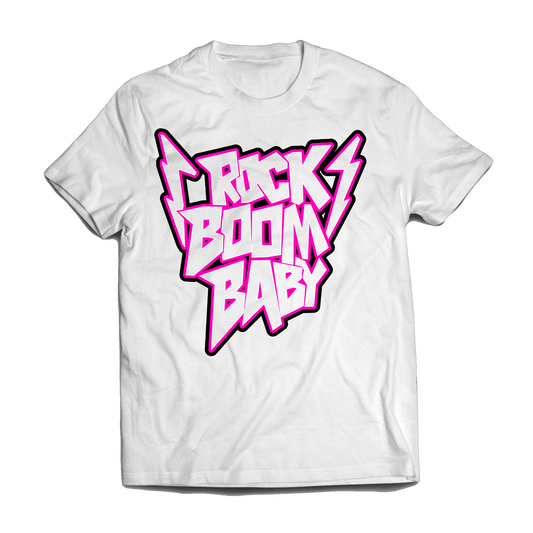 ROCK BOOM BABY TEE ~ WHITE & PINK